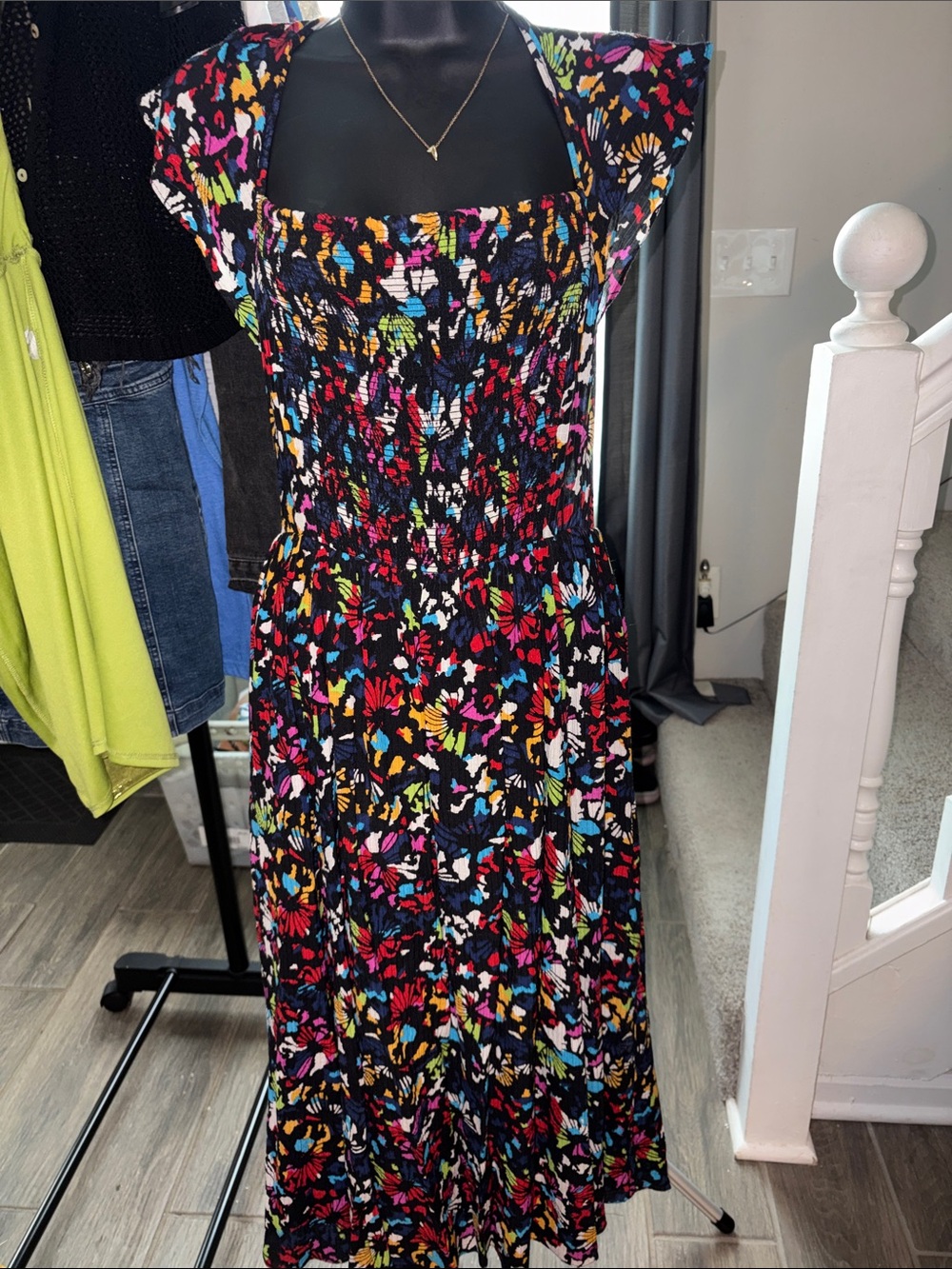 100% Silk Tanya Taylor Smocked Multi-Color Floral Midi Dress XS